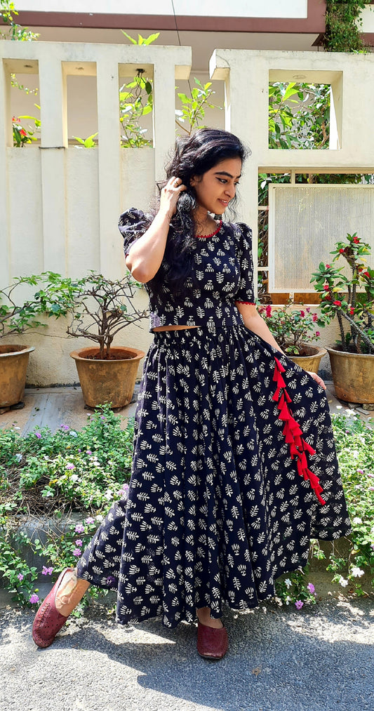 Lotus Blossoms in Monochrome: Cotton Skirt And Crop Top