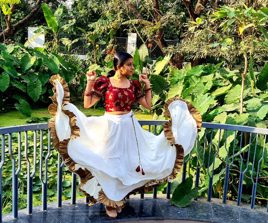 Mudras in Motion: Off White Crepe Skirt With Banaras Crop Top