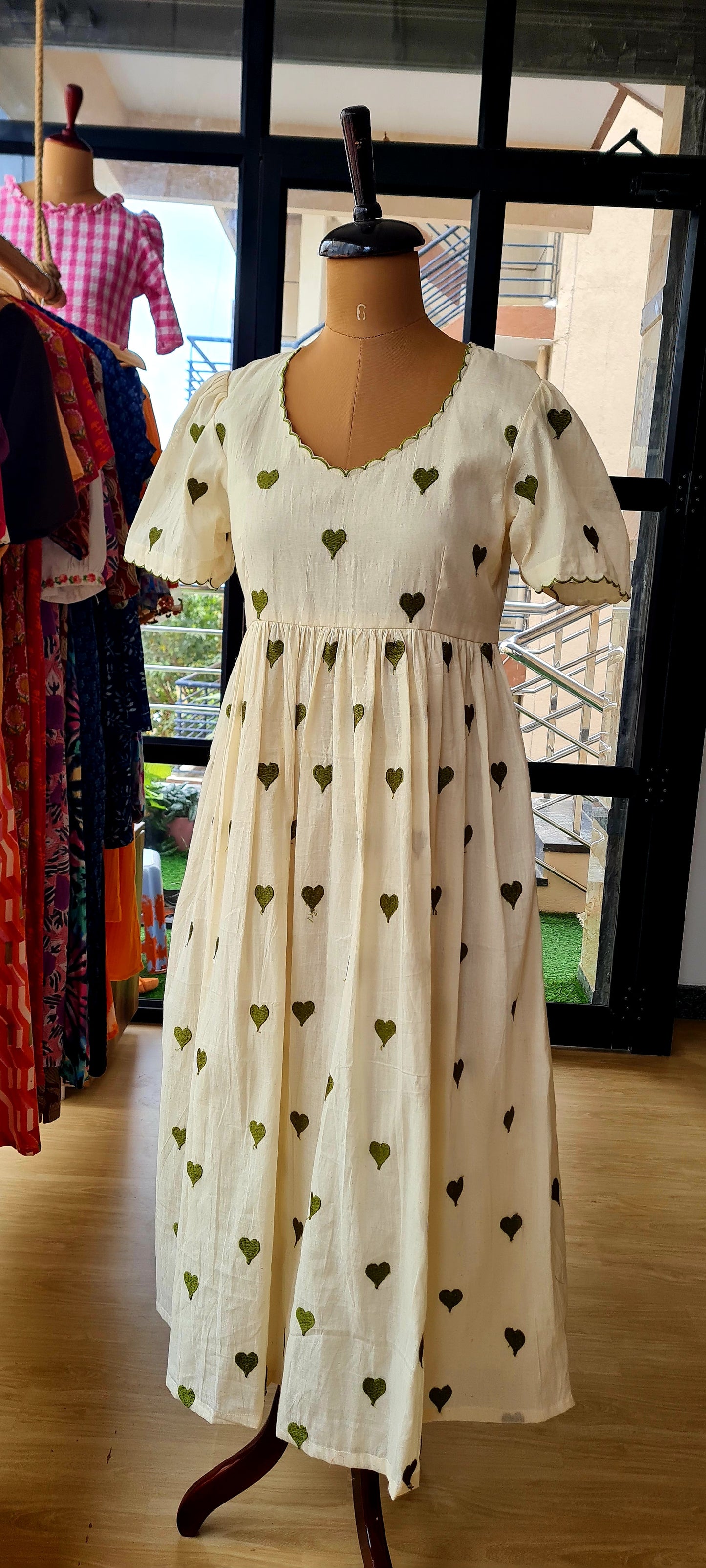 Love at First Sight: Off White Frock with Green Heart Embroidery