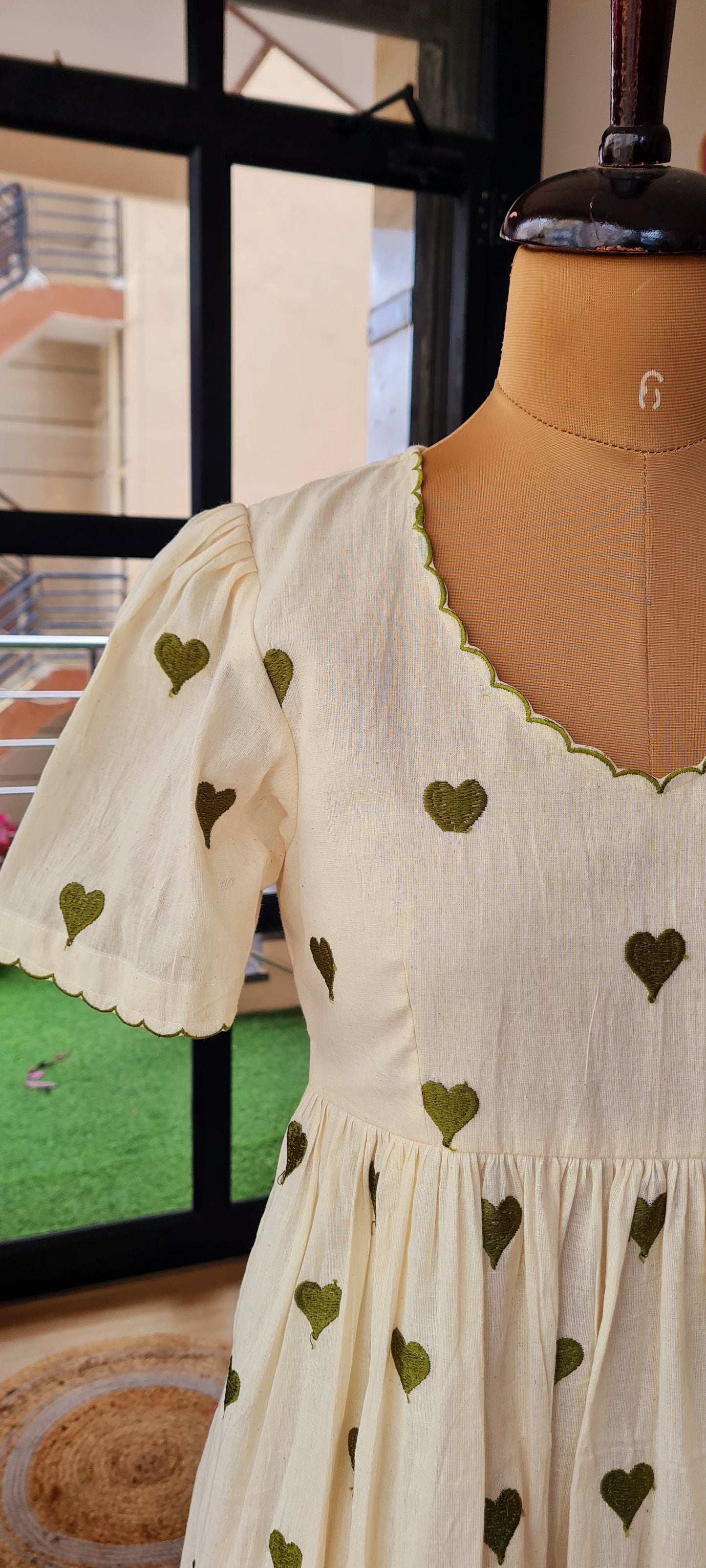 Love at First Sight: Off White Frock with Green Heart Embroidery