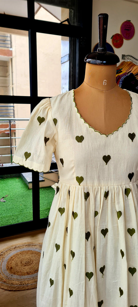 Love at First Sight: Off White Frock with Green Heart Embroidery