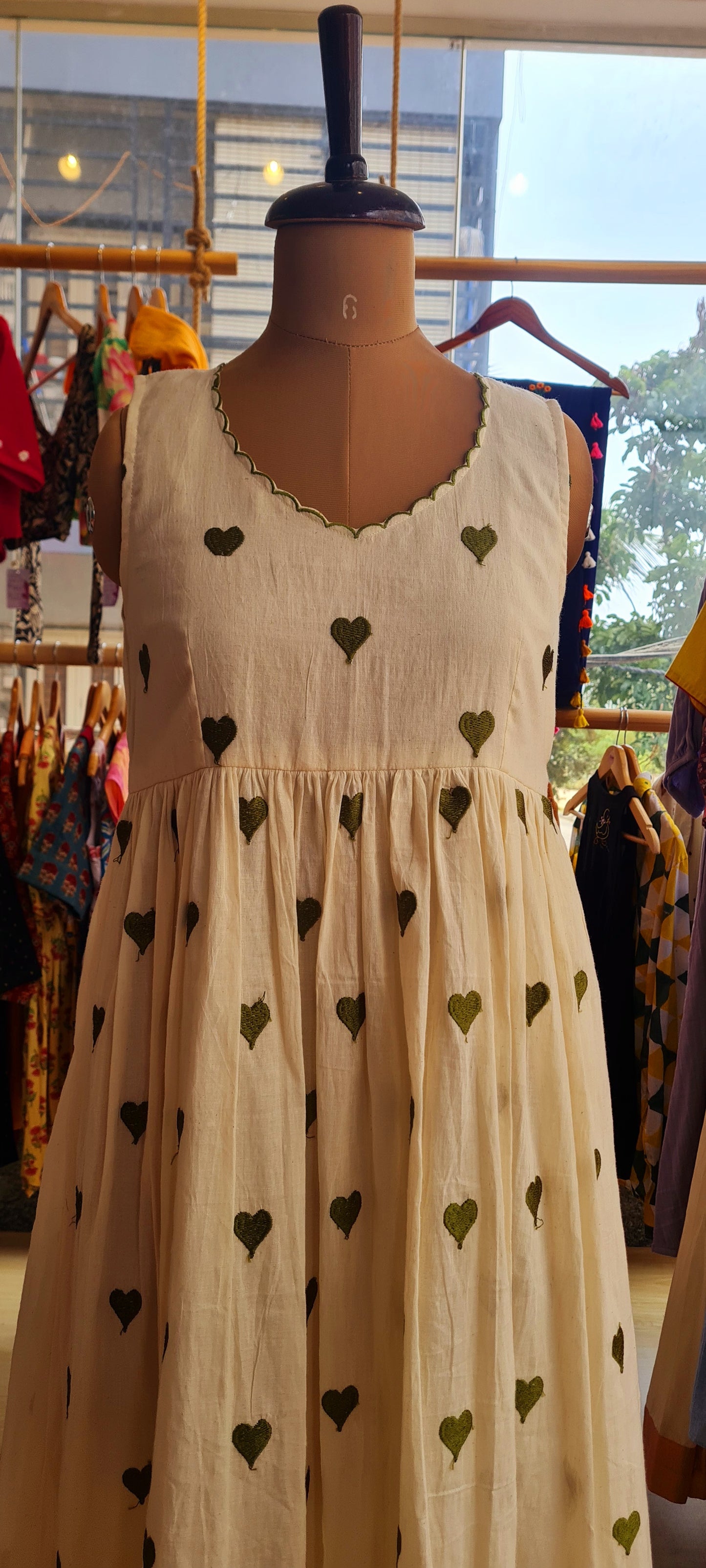 Love at First Sight: Off White Frock with Green Heart Embroidery