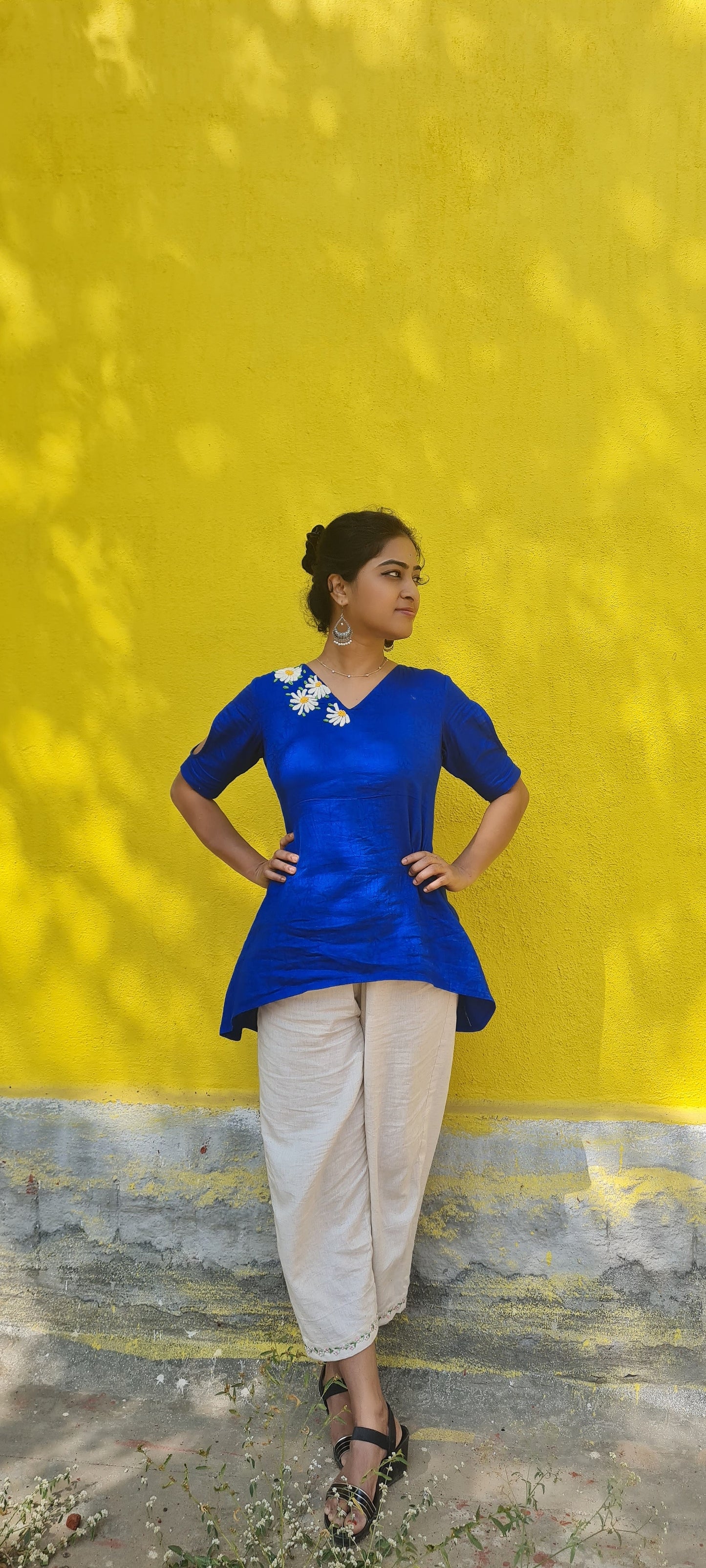 Regal Comfort: Royal Blue High-Low Cotton Top with Hand Embroidery