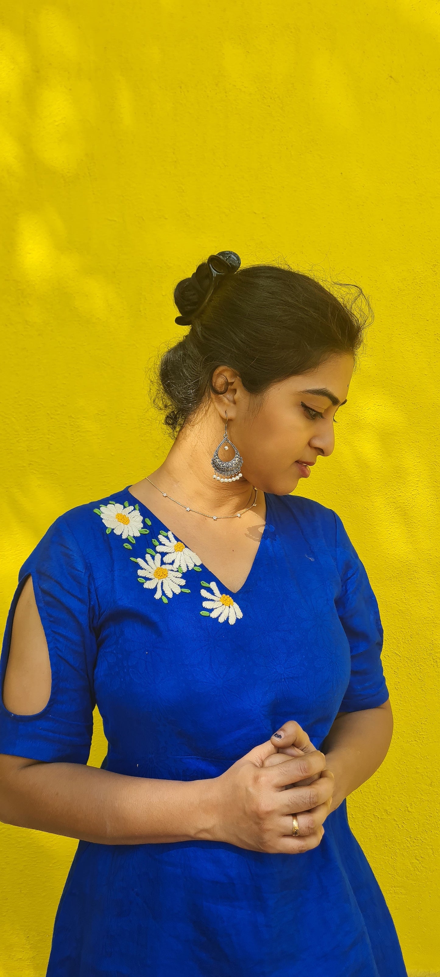 Regal Comfort: Royal Blue High-Low Cotton Top with Hand Embroidery