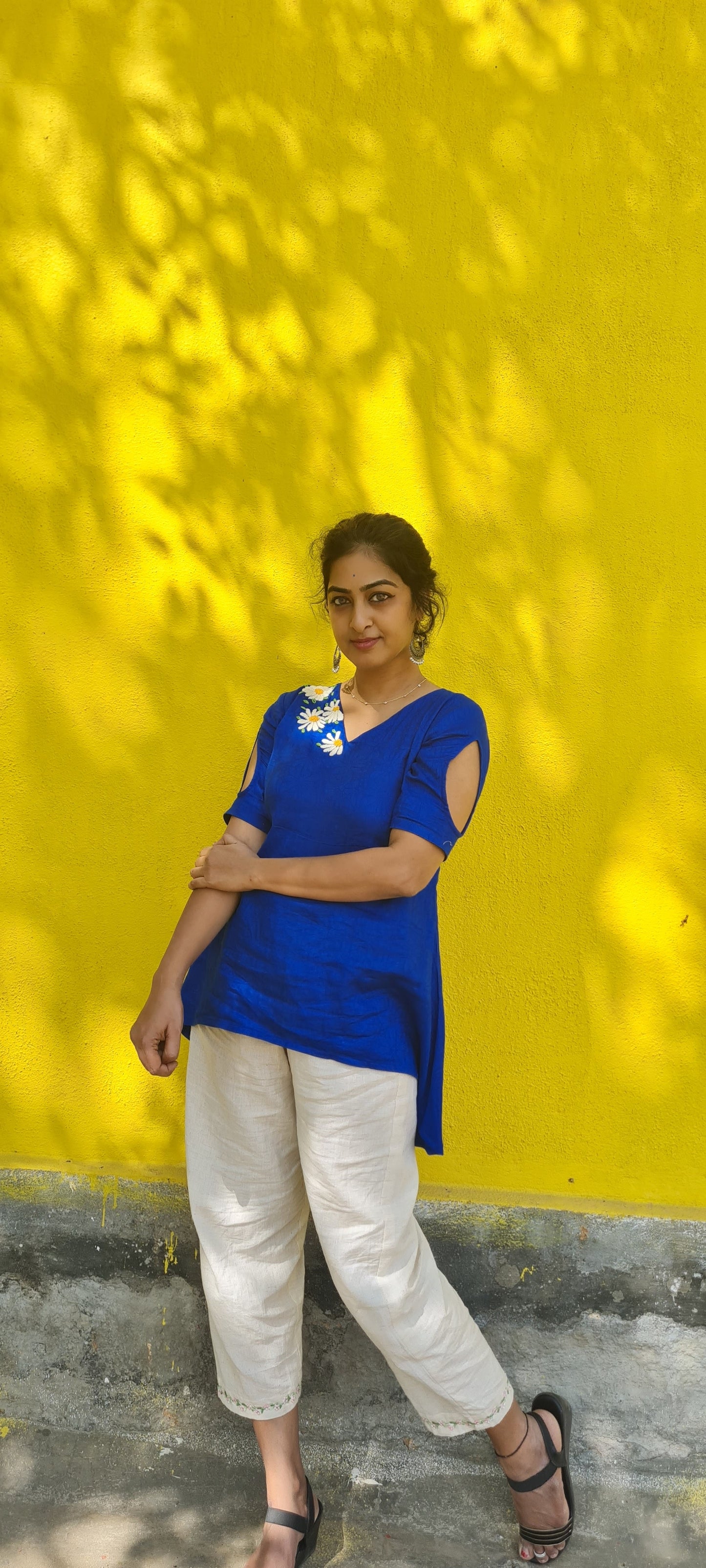 Regal Comfort: Royal Blue High-Low Cotton Top with Hand Embroidery