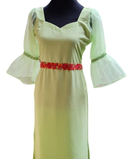 Enchanting Lime Green Georgette Kurti with Red Embroidery and Balloon Sleeves