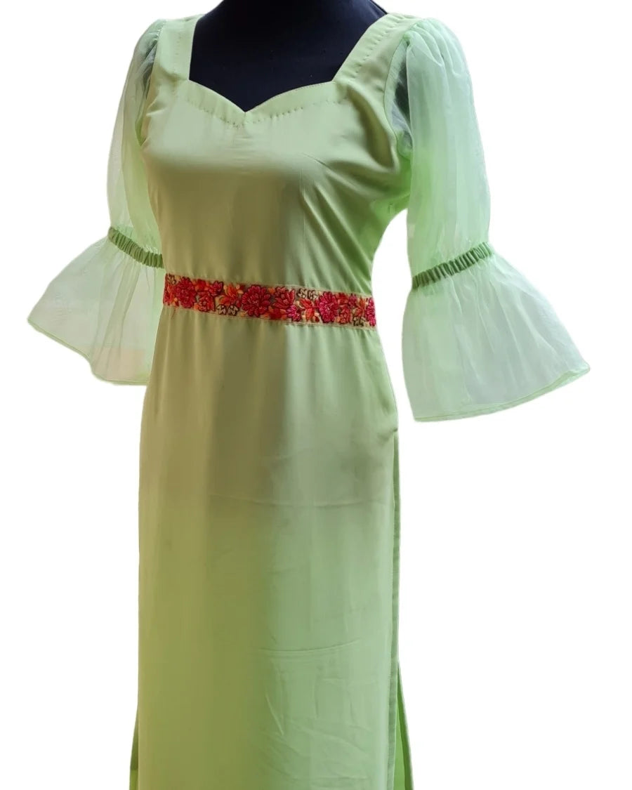 Enchanting Lime Green Georgette Kurti with Red Embroidery and Balloon Sleeves