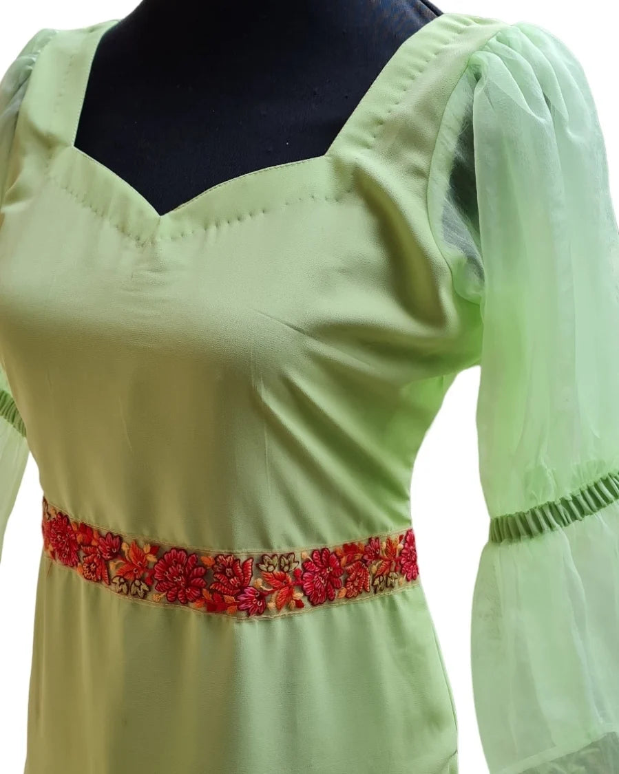 Enchanting Lime Green Georgette Kurti with Red Embroidery and Balloon Sleeves