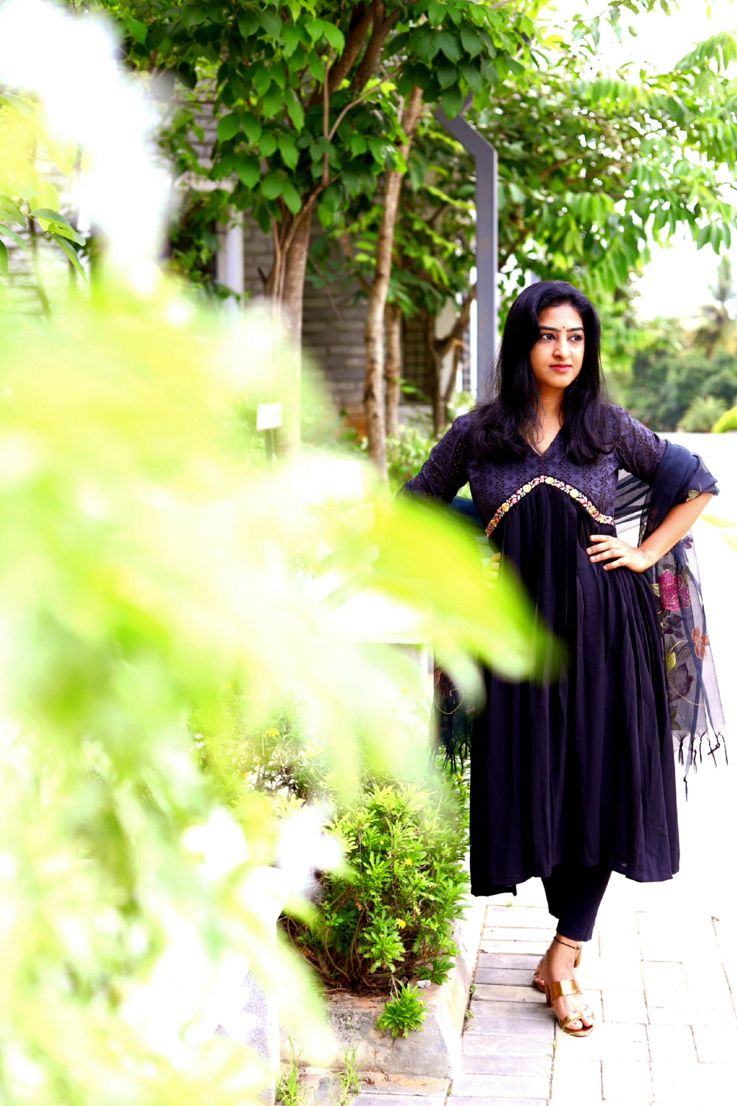 Black Anarkali With V cut..Hand Painted Dupatta