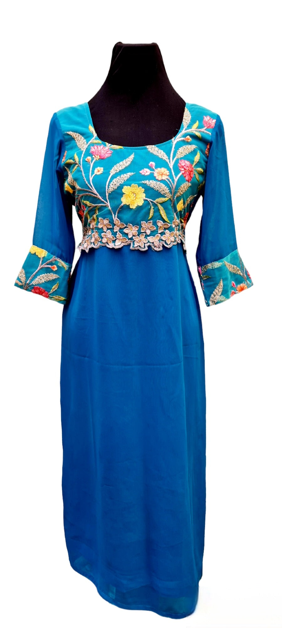 Elegant Peacock Blue Kurti with Floral Yoke