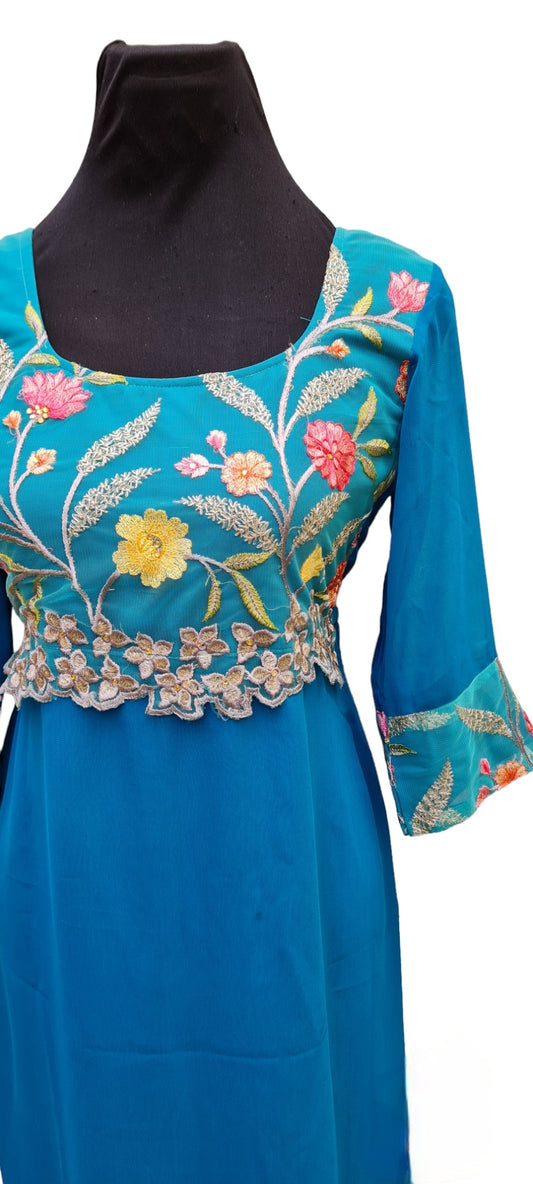 Elegant Peacock Blue Kurti with Floral Yoke