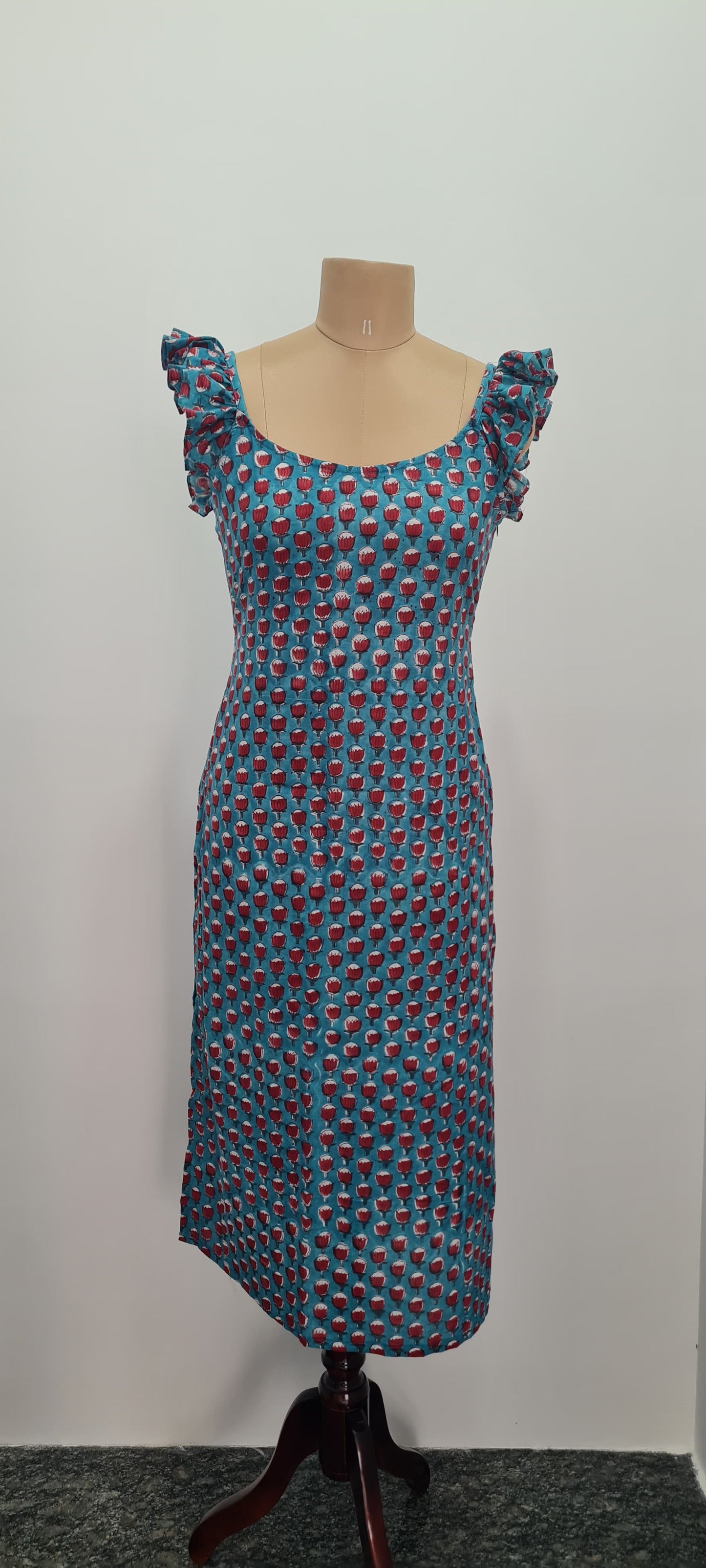 Elegant Blue Cotton Kurti with Red Lotus Hand-Block Print & Ruffles