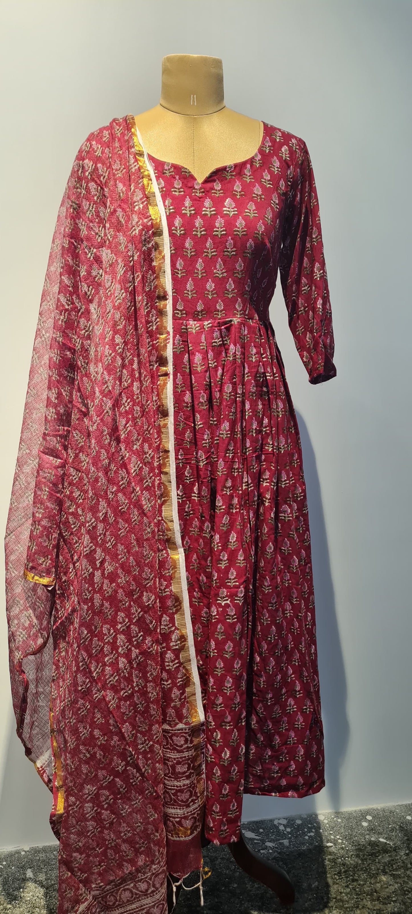 Elegant Maroon & Pink Hand Block Printed Anarkali Top with Kora Cotton Dupatta