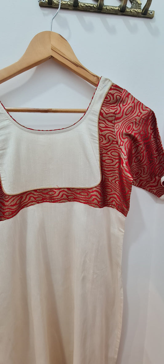 Classic White Kurti with Vibrant Red Patchwork