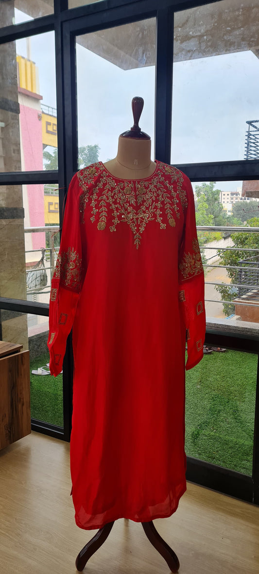 Regal Red Silk Kurti - Hand Embroidered Masterpiece