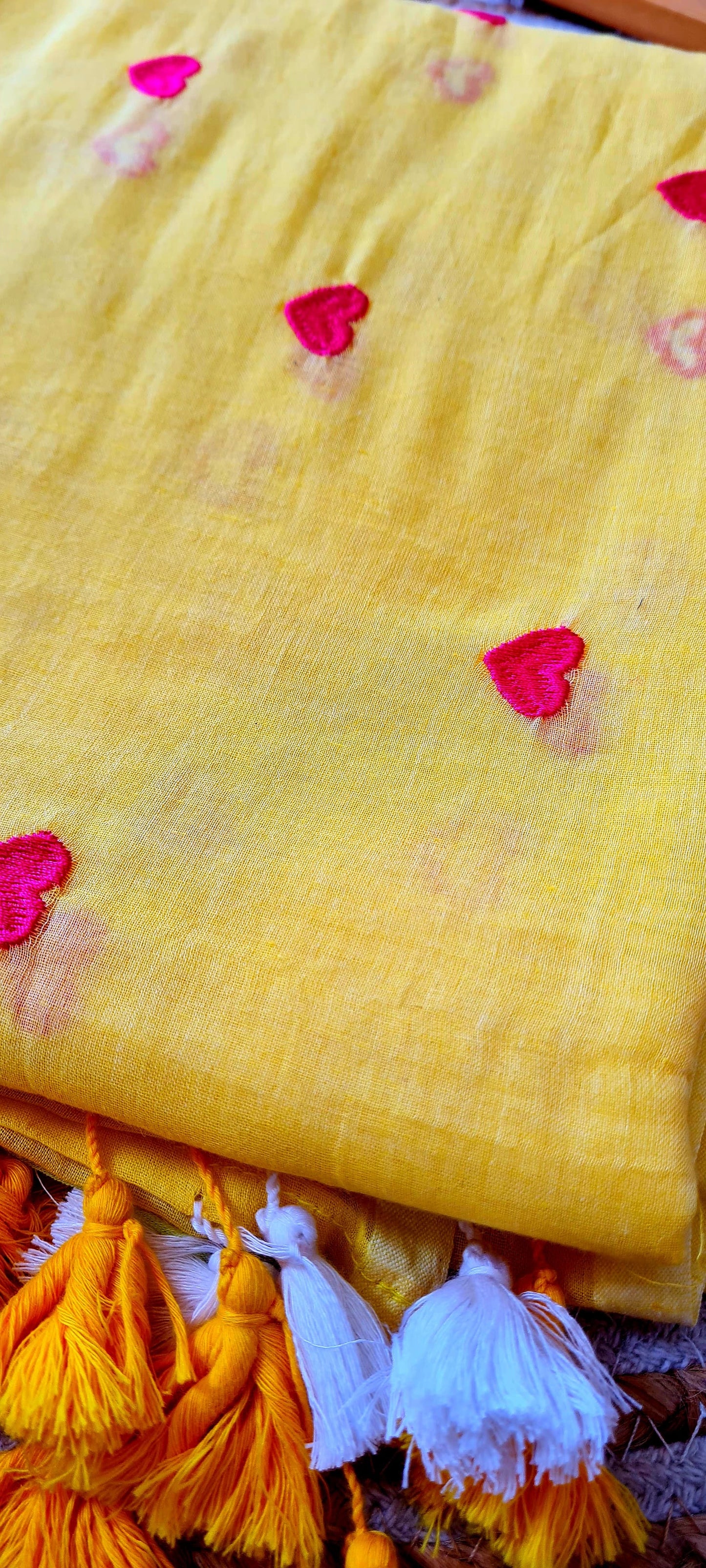 "Sunshine Serenade - Yellow Mul Cotton Saree with Pink Heart Embroidery"