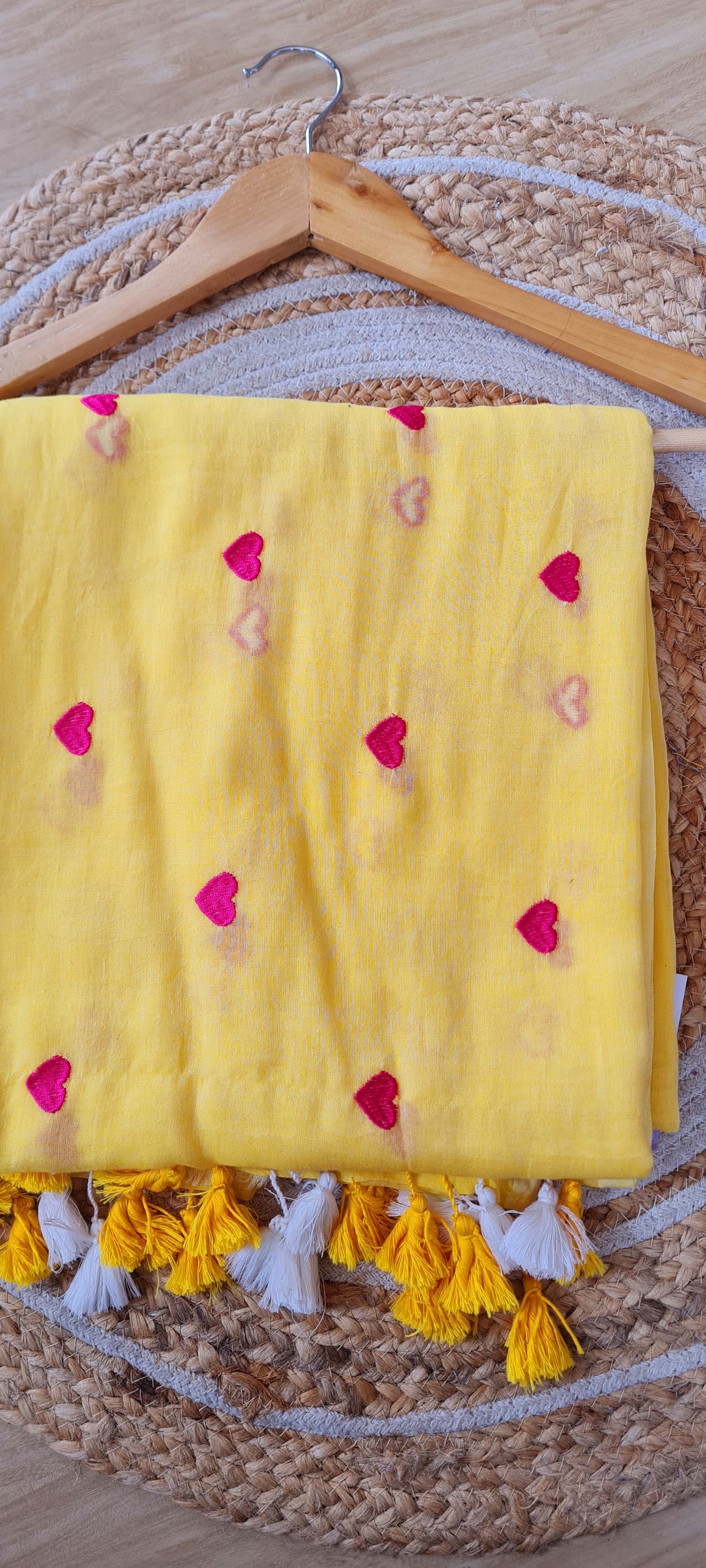 "Sunshine Serenade - Yellow Mul Cotton Saree with Pink Heart Embroidery"