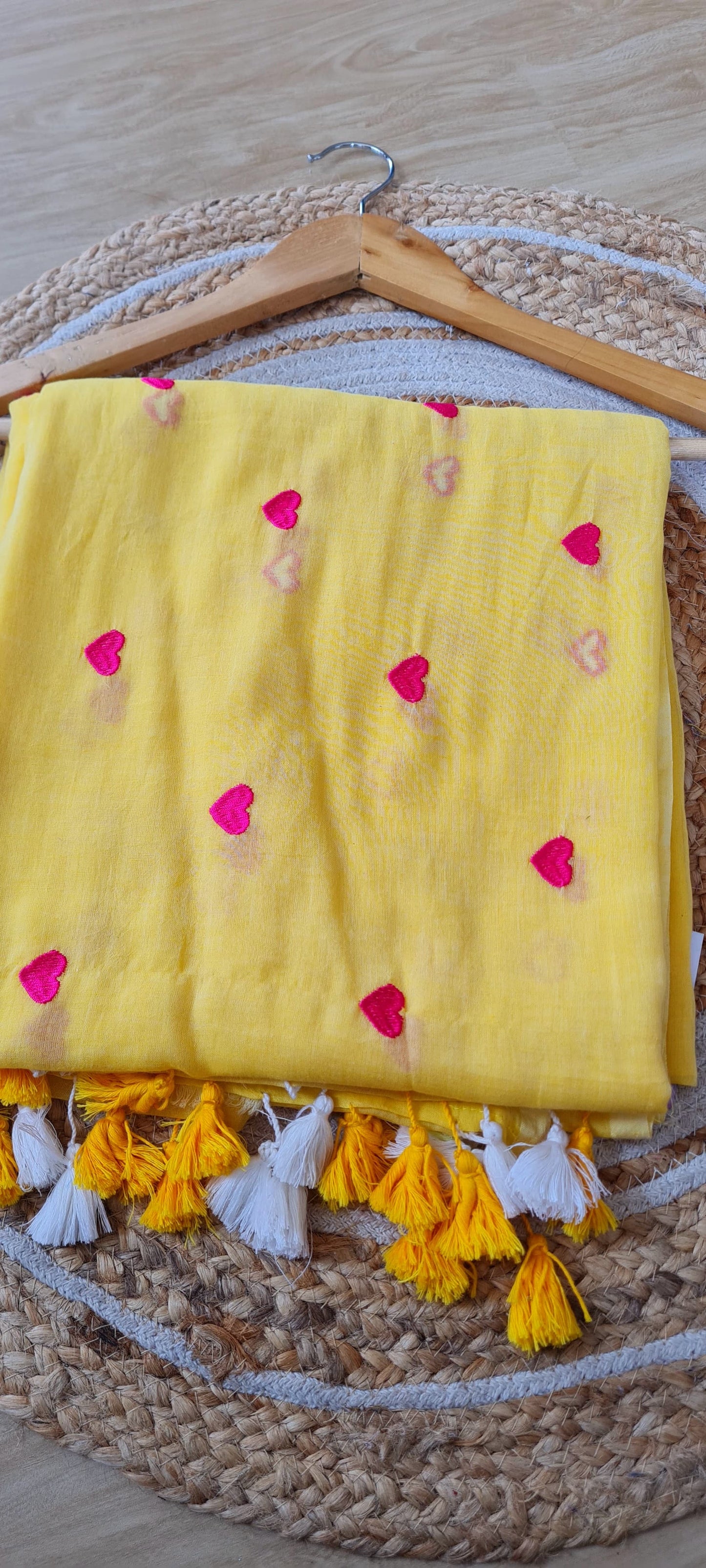 "Sunshine Serenade - Yellow Mul Cotton Saree with Pink Heart Embroidery"