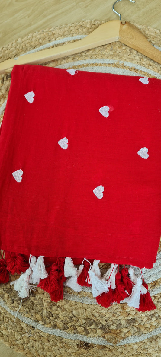 Romantic Red: White Hearts Embroidered Saree in Pure Mul Cotton