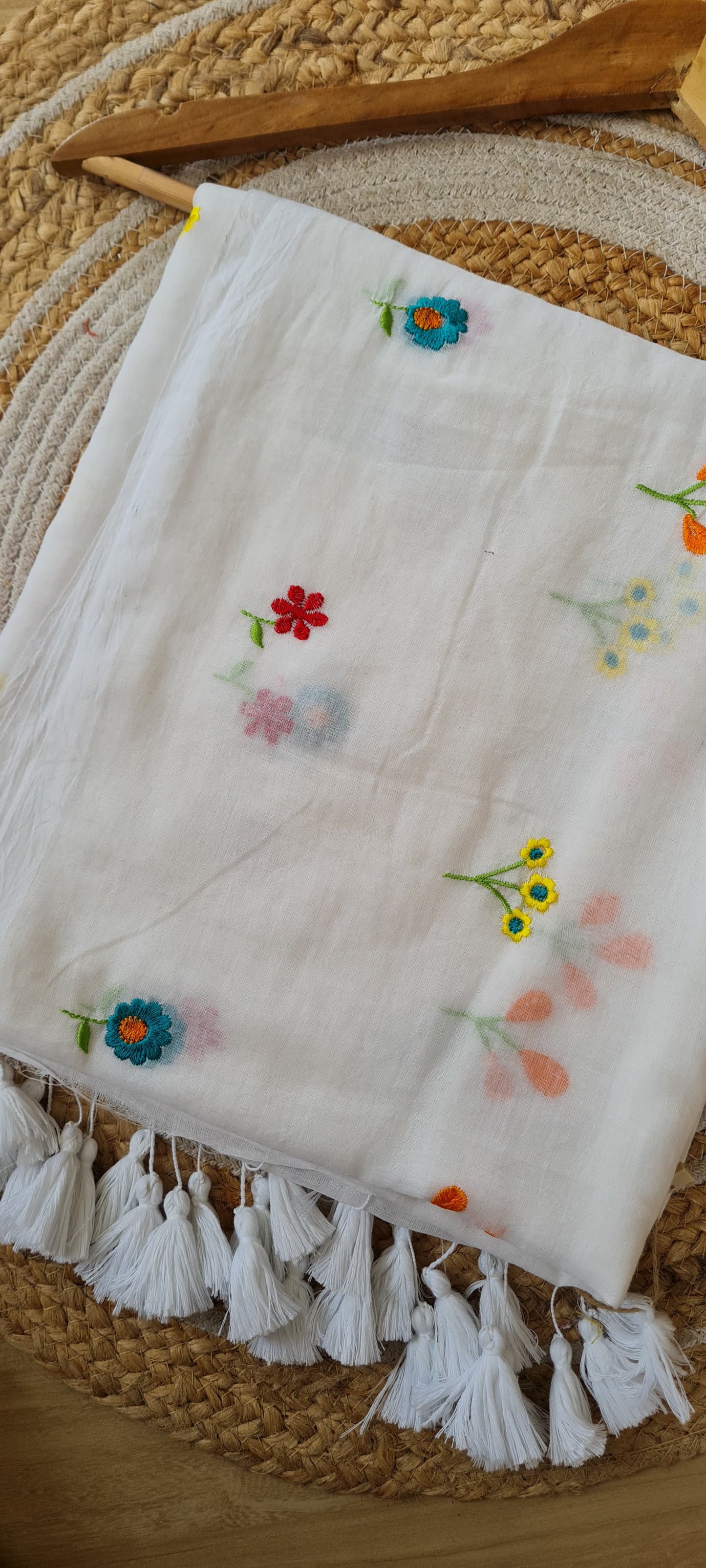 Garden of Dreams: White Saree with Multicolor Flower Embroidery in Pure Mul Cotton