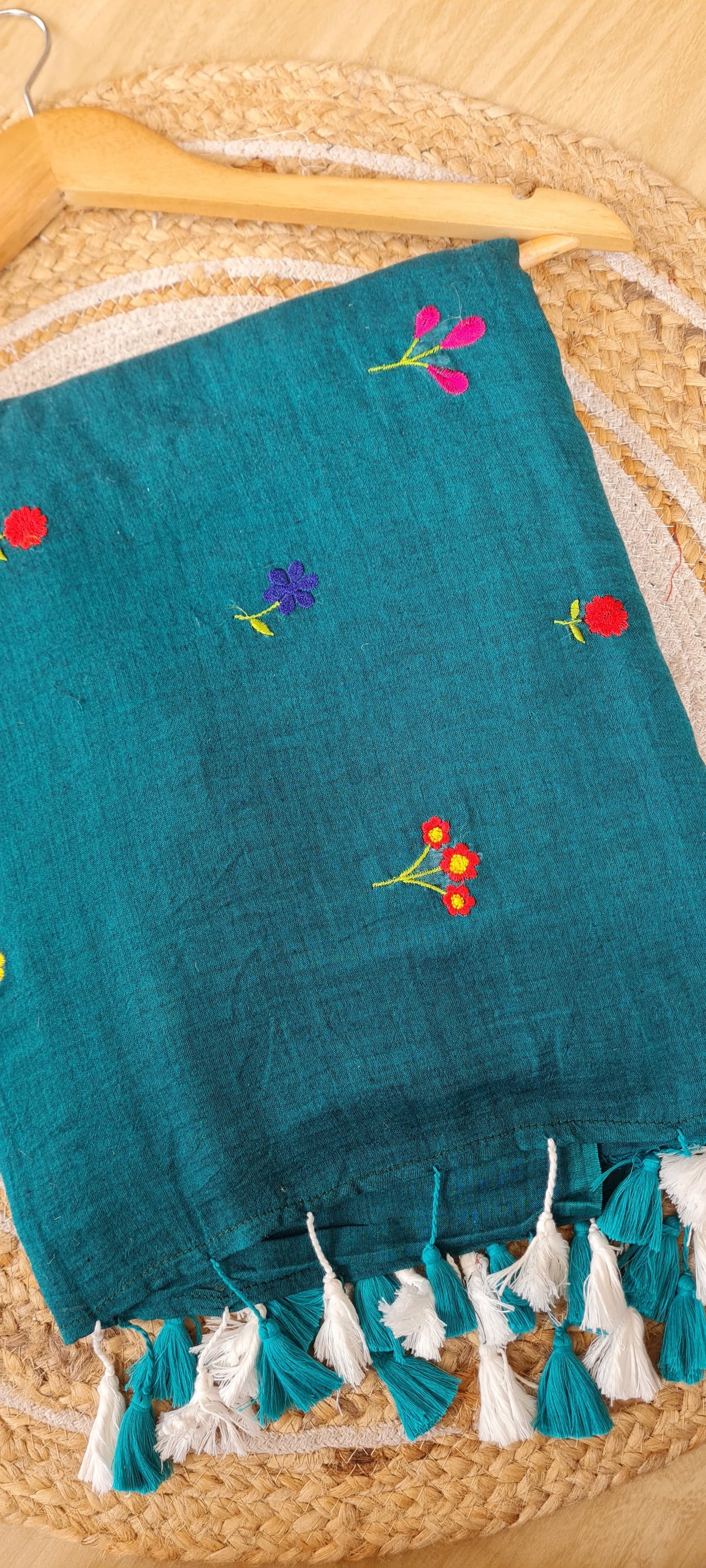 Vibrant Blooms: Blue Saree with Multicolor Flower Embroidery in Pure Mul Cotton