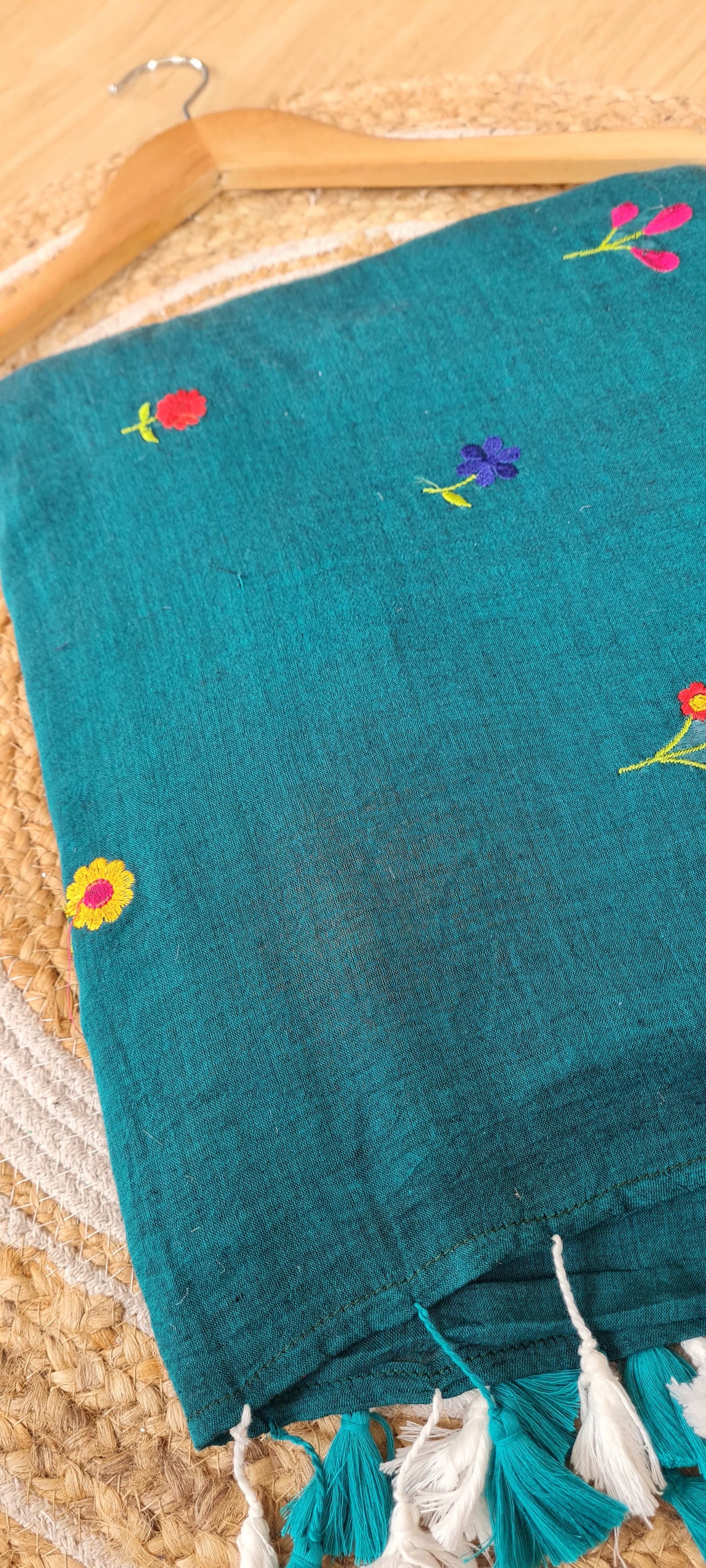 Vibrant Blooms: Blue Saree with Multicolor Flower Embroidery in Pure Mul Cotton