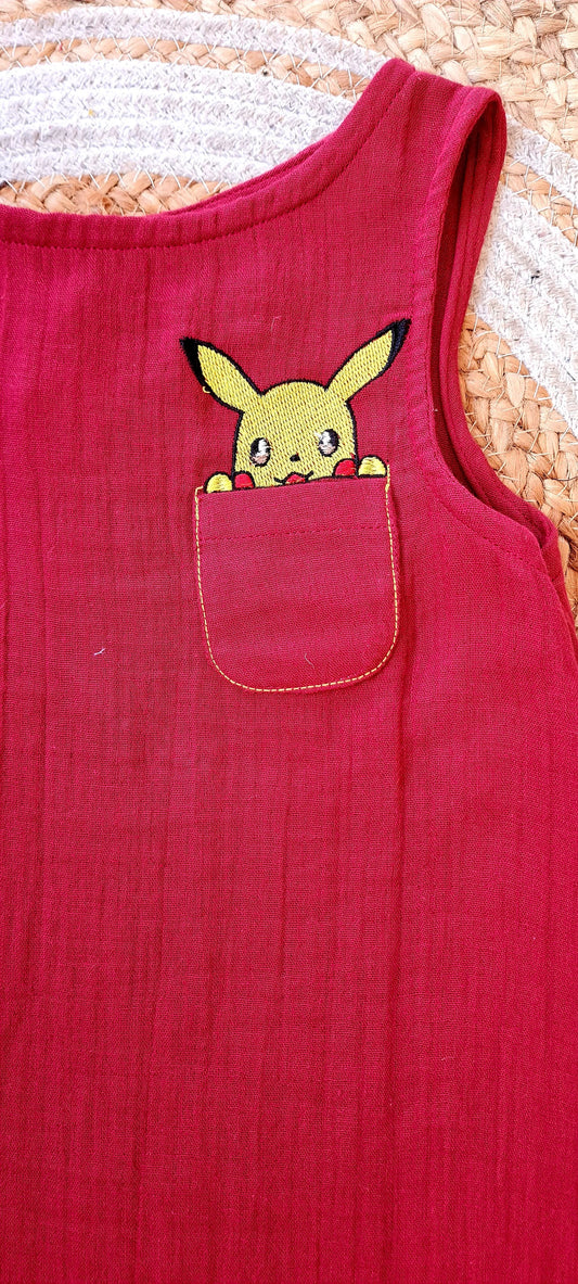 Maroon Pikachu Embroidered Gauze Frock for Kids-KD0004