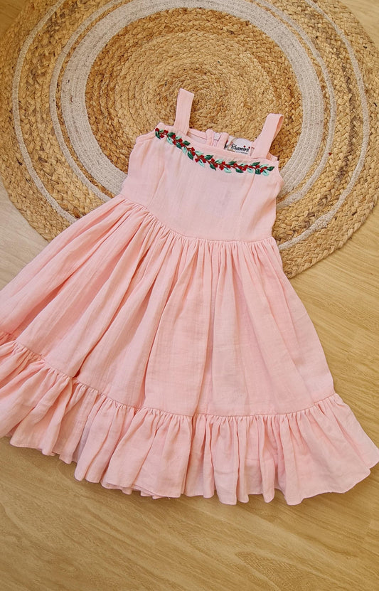 Baby Pink Hand-Embroidered Muslin Frock-KD0007