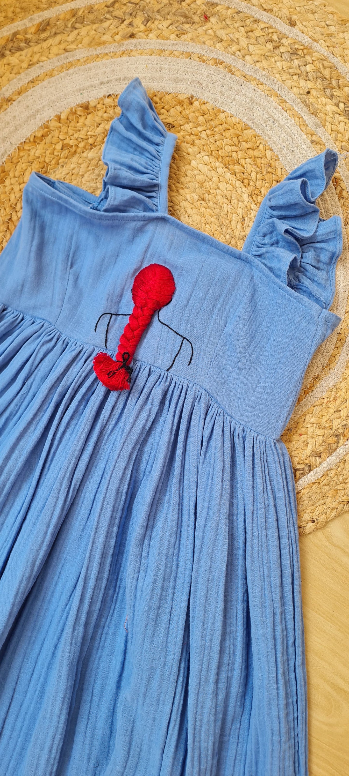 Washed Blue Cotton Gauze Frock with Braided Hairstyle Embroidery-KD0001