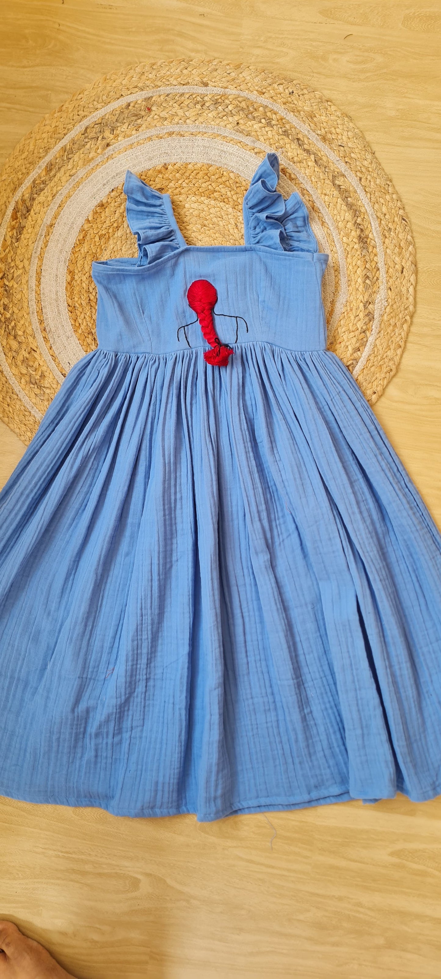 Washed Blue Cotton Gauze Frock with Braided Hairstyle Embroidery-KD0001