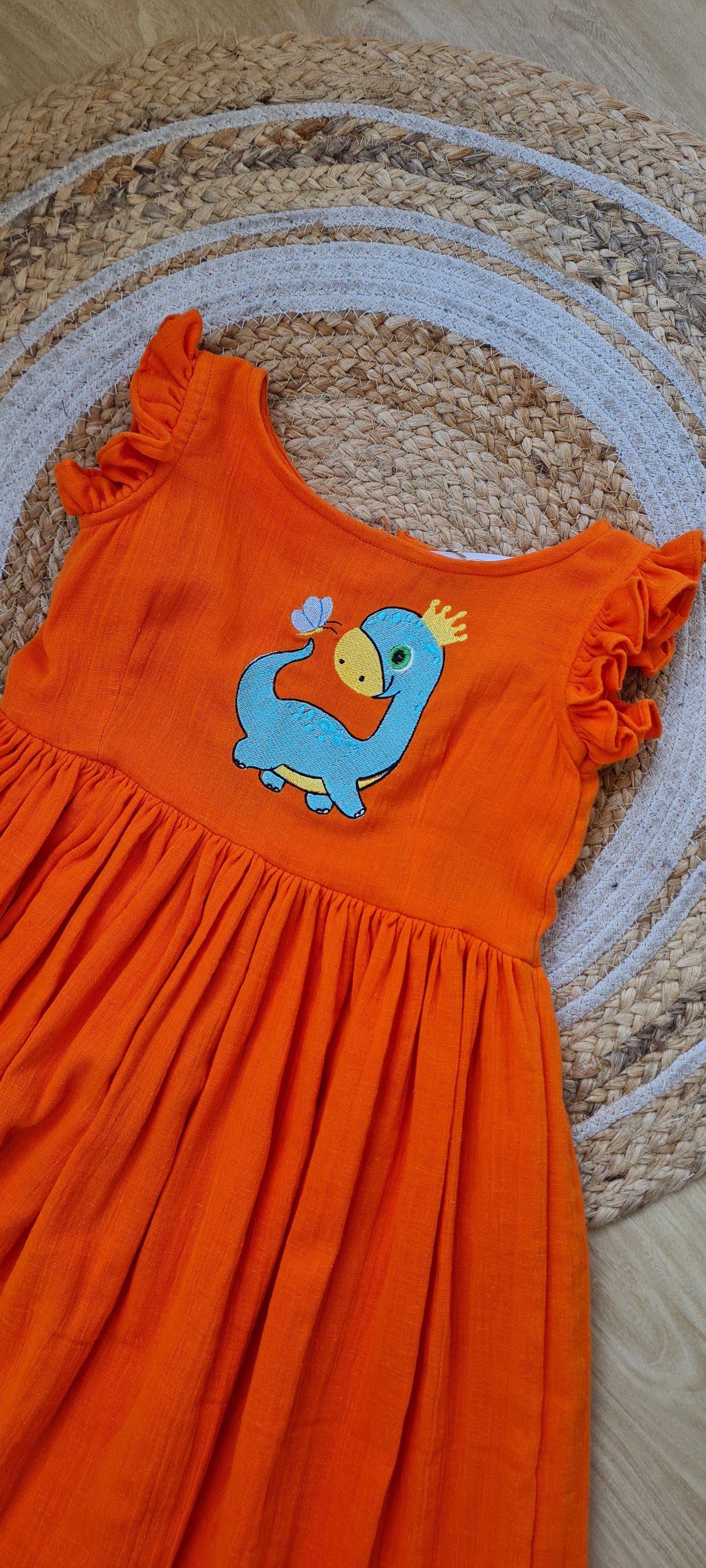 Orange Cotton Gauze Frock with Dino Embroidery - KD0002