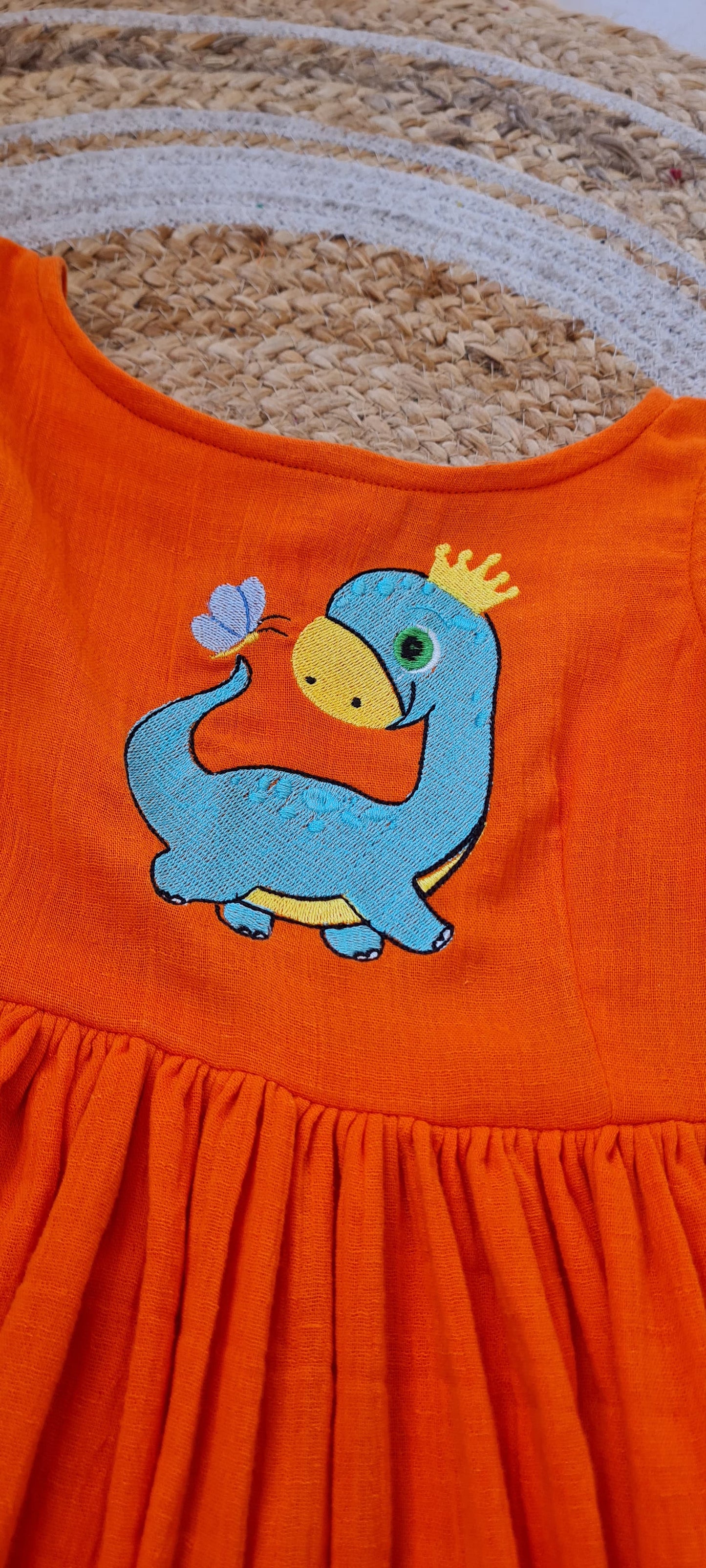 Orange Cotton Gauze Frock with Dino Embroidery - KD0002