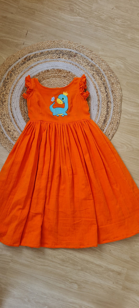 Orange Cotton Gauze Frock with Dino Embroidery - KD0002