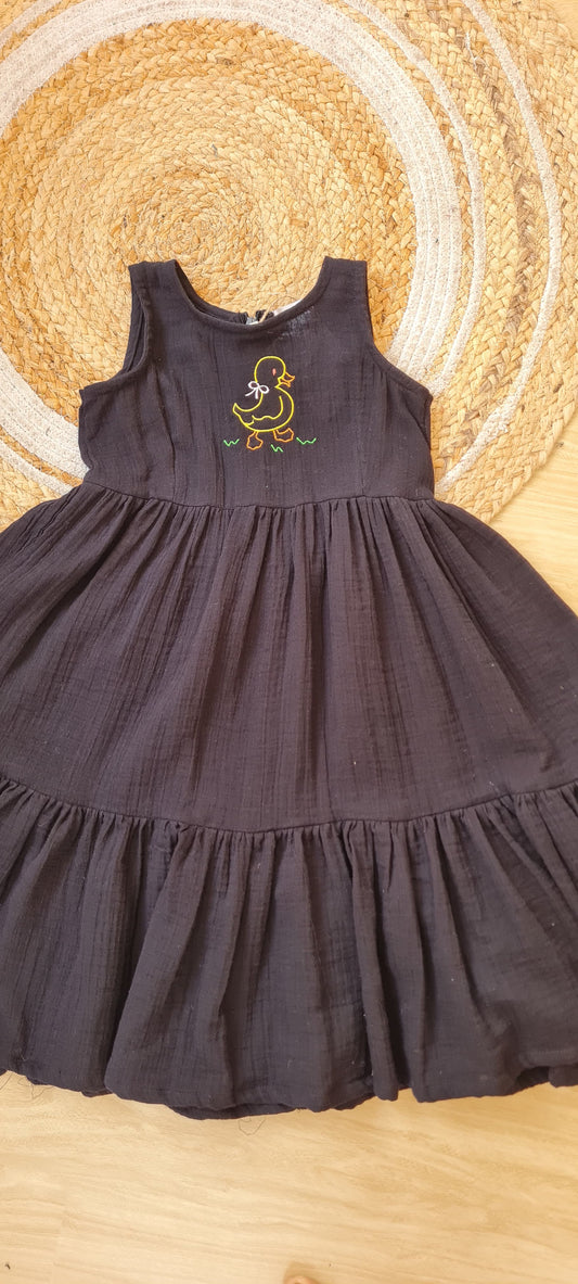 Black Cotton Gauze Frill Frock with Duckling Embroidery - KD0008