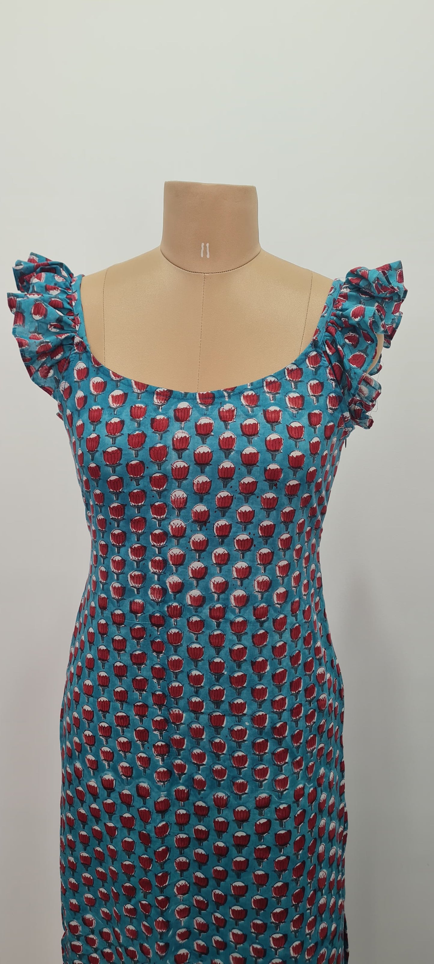 Elegant Blue Cotton Kurti with Red Lotus Hand-Block Print & Ruffles