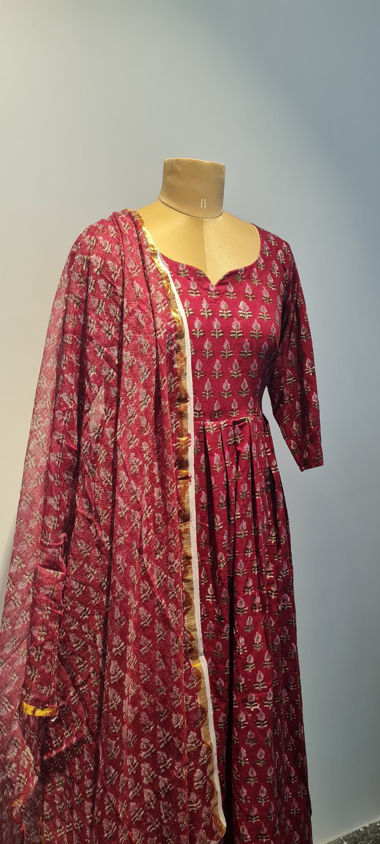 Elegant Maroon & Pink Hand Block Printed Anarkali Top with Kora Cotton Dupatta