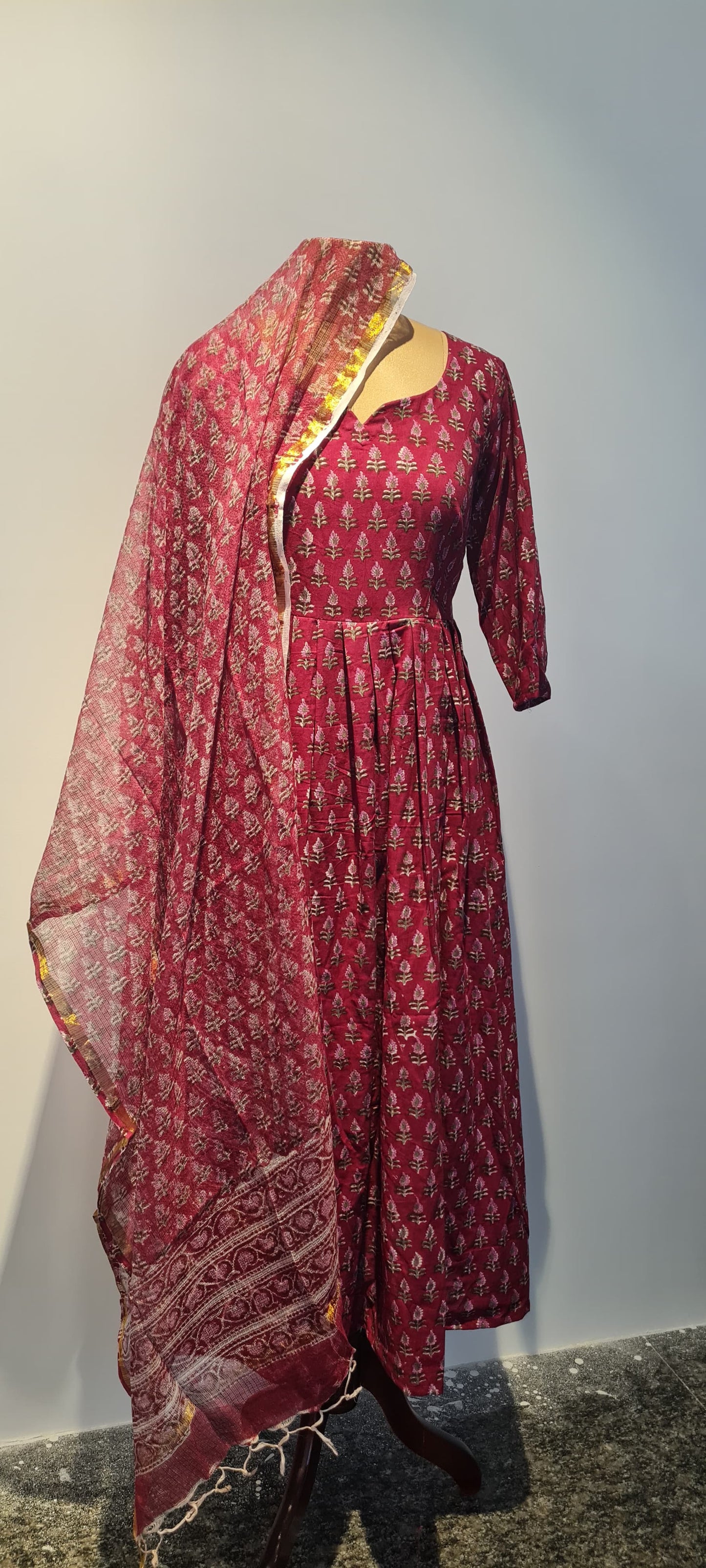 Elegant Maroon & Pink Hand Block Printed Anarkali Top with Kora Cotton Dupatta