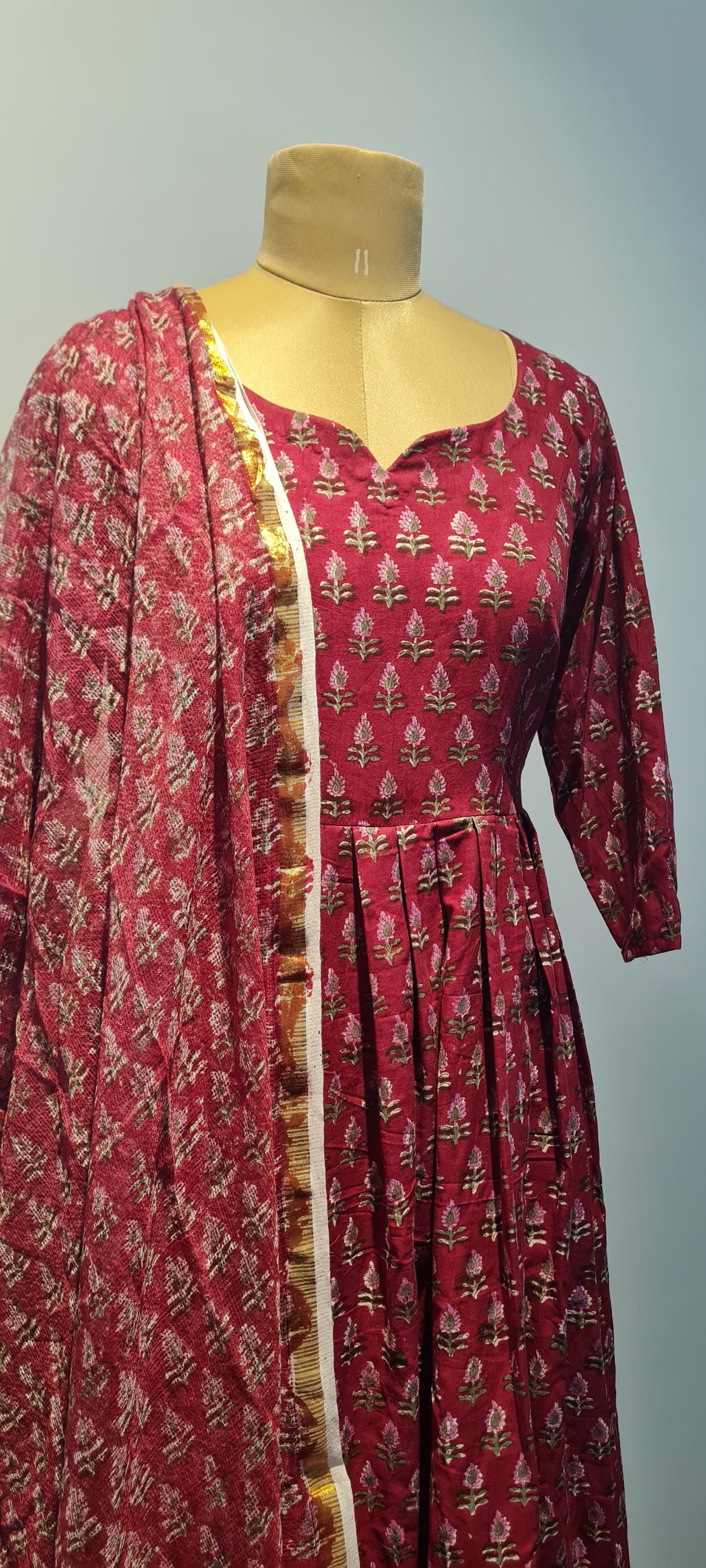 Elegant Maroon & Pink Hand Block Printed Anarkali Top with Kora Cotton Dupatta