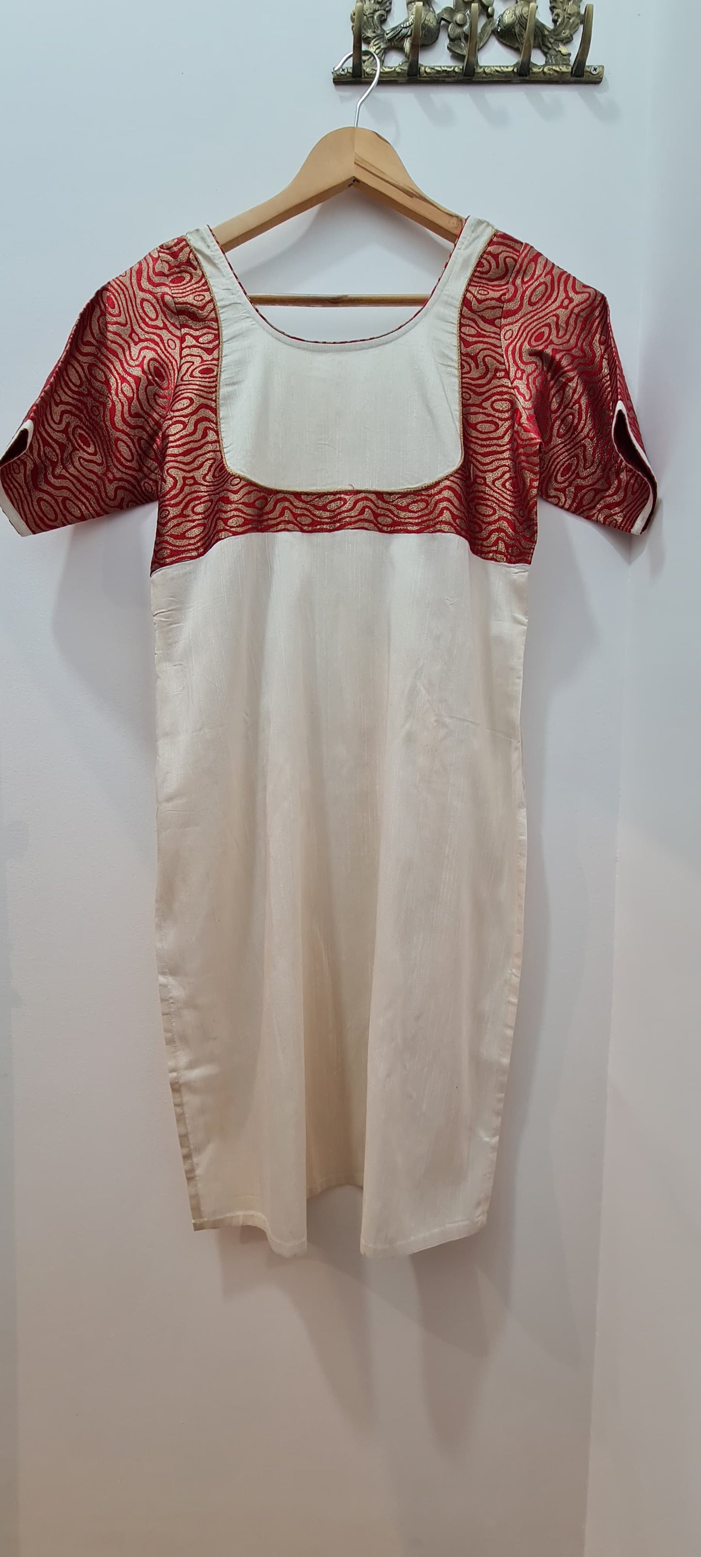 Classic White Kurti with Vibrant Red Patchwork