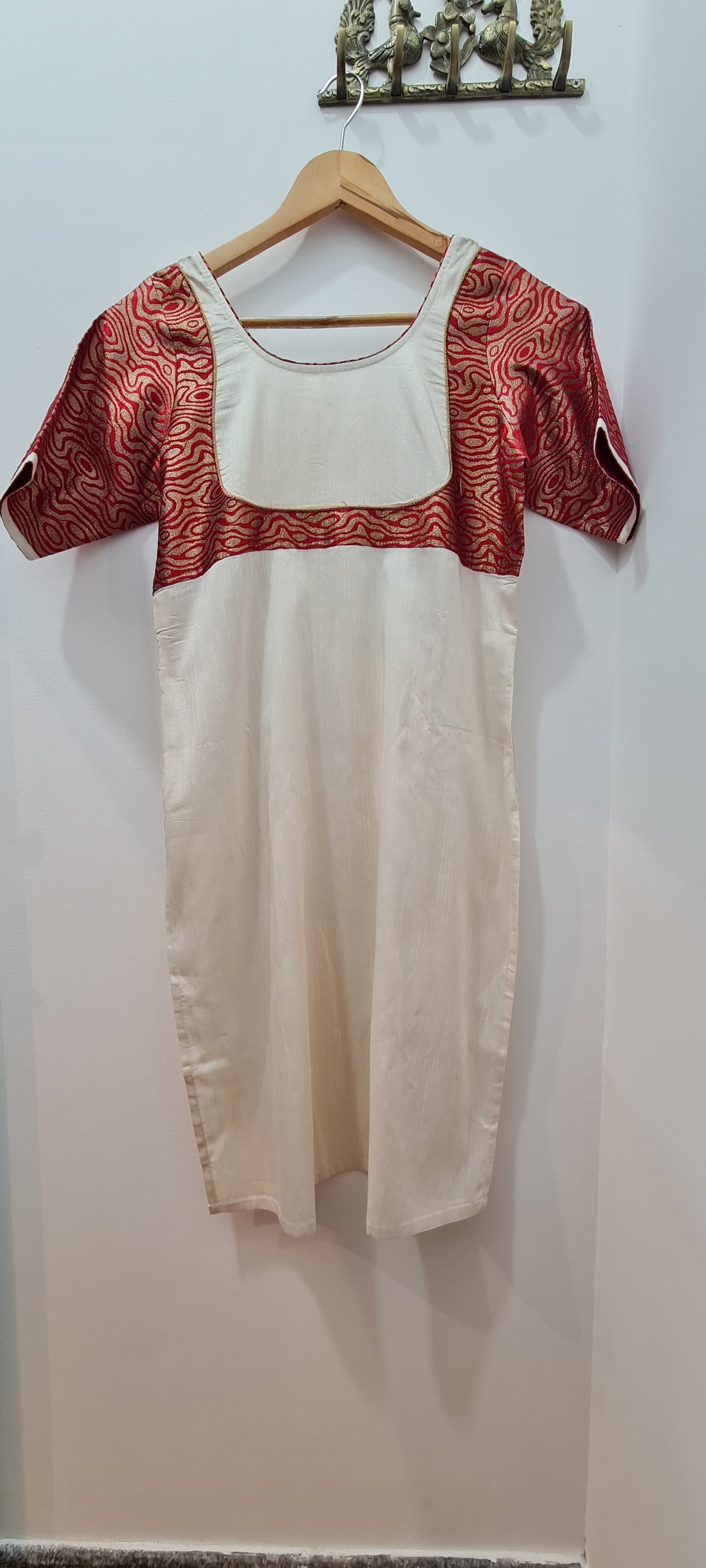 Classic White Kurti with Vibrant Red Patchwork