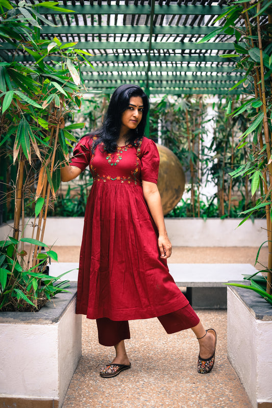 Floral Magic in Maroon:Kurti And Bottom Set..