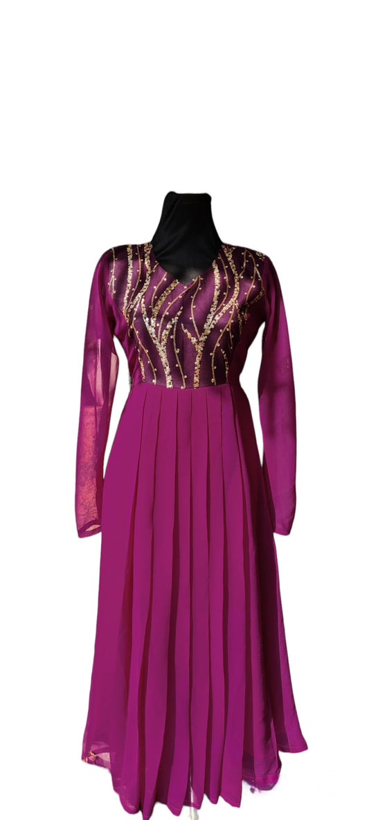 Rich Wine Hue:Wine Georgette Frock with Dazzling Sequin Highlights in the Yoke