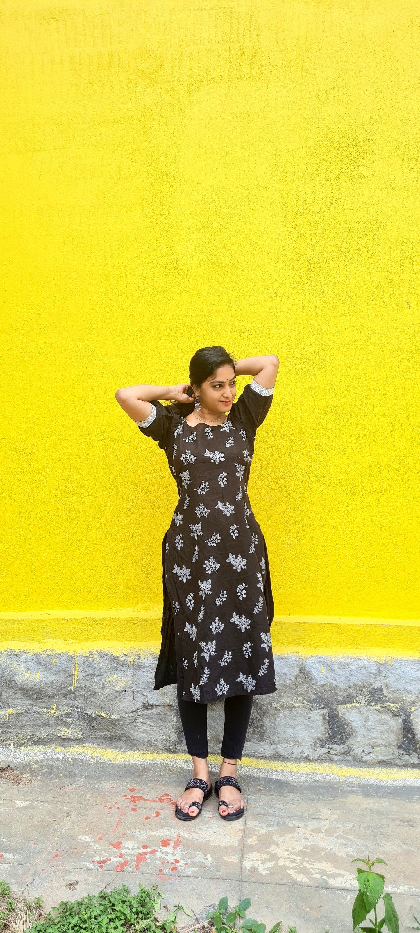 Midnight Opulence: Black Cotton Kurti with Ivory Embroidery