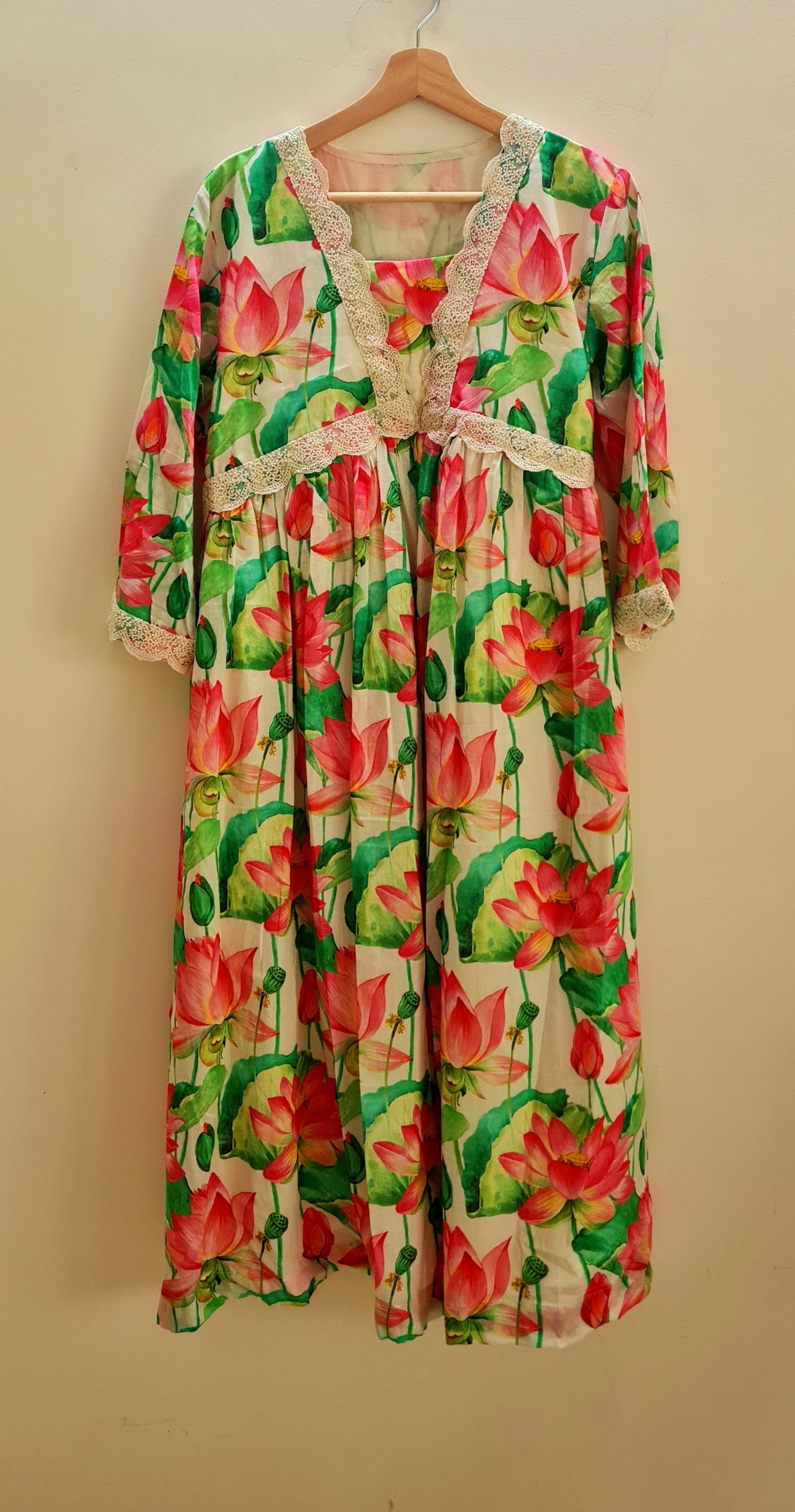 Lotus Printed Kurti/Frock With Beautiful Lace Work ..