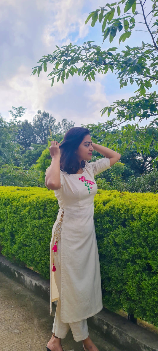 Ethereal Elegance: Lotus Embroidered Kurti