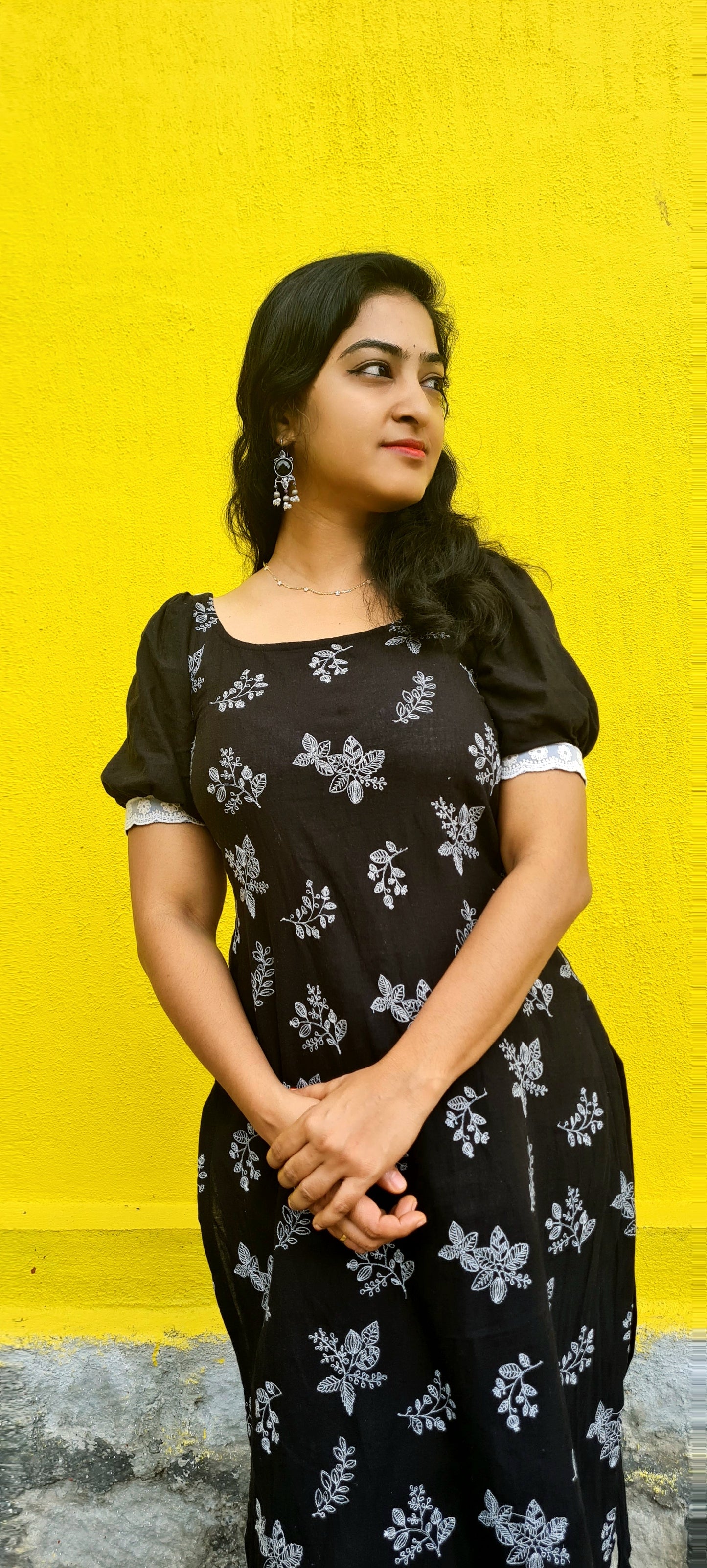 Midnight Opulence: Black Cotton Kurti with Ivory Embroidery