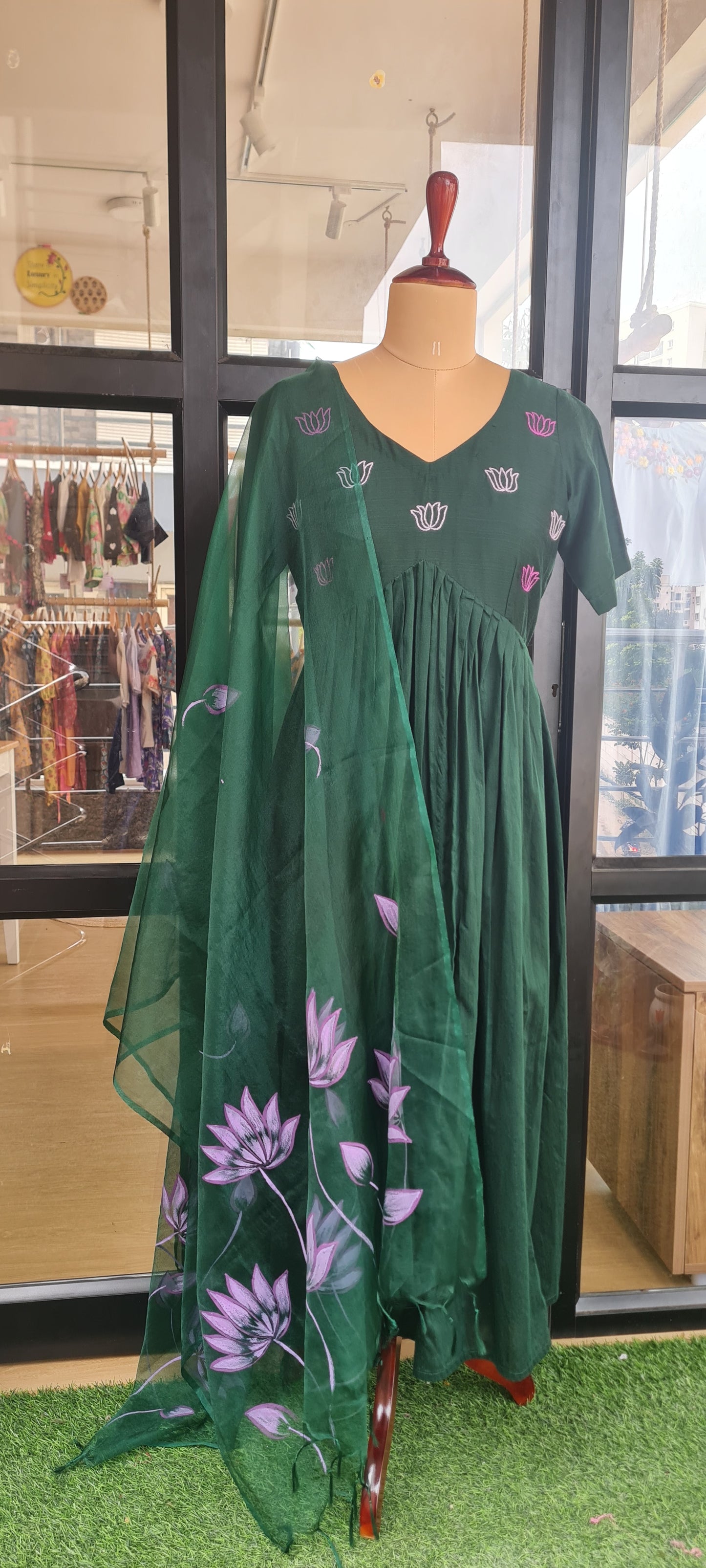 Handcrafted Harmony ,Green And Lavender alia cut top With dupatta: KUEMB00020