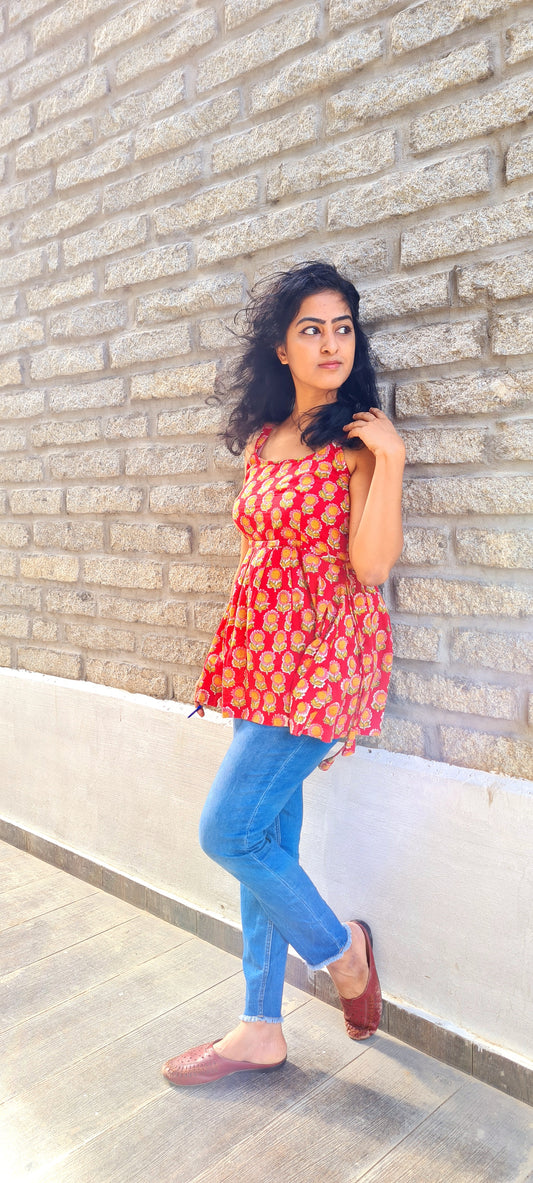 Artistry in Fabric: Hand Block Printed Cotton Peplum Top with Adjustable Waist Knots