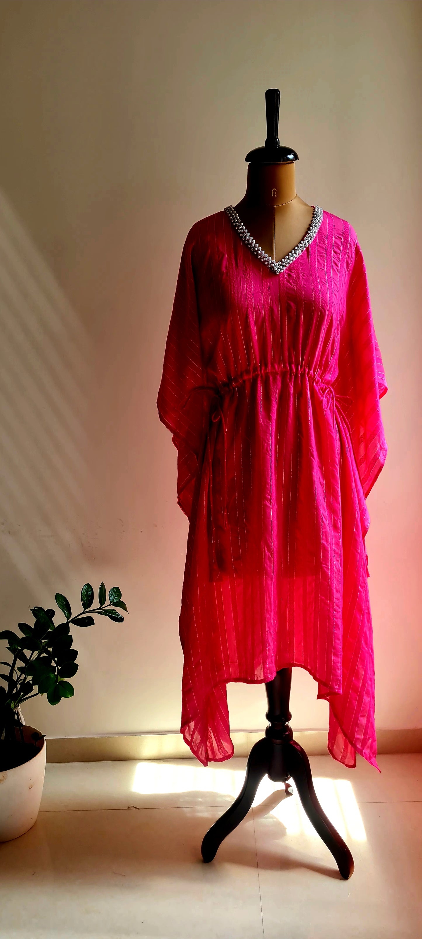 Deep Pink Cotton Striped Kaftan