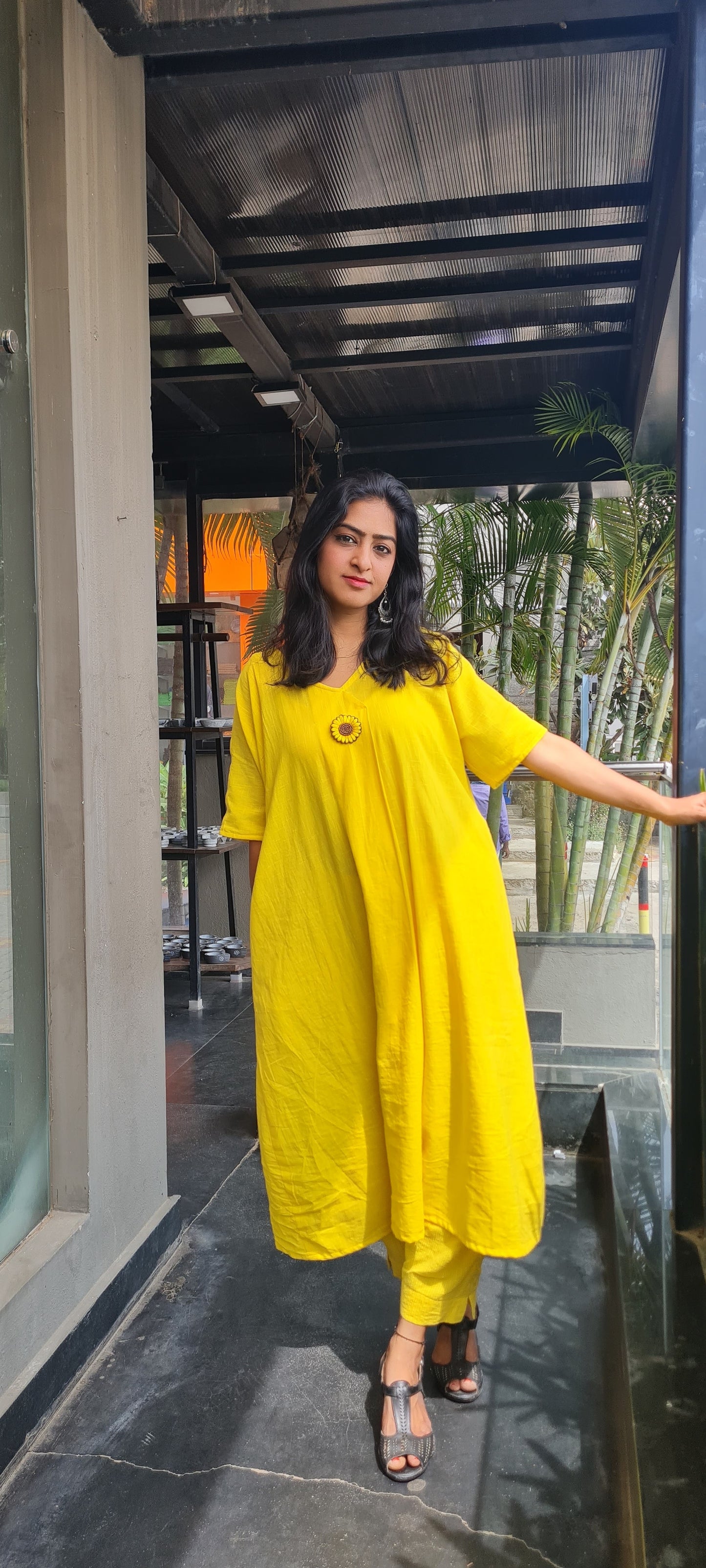 Vibrant Vibes: Yellow Cotton Kaftan Frock with Embroidered Brooch